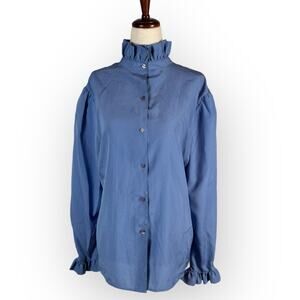 Vintage Blue Ruffle Collar Blouse with Ruffled Cuffs Size 14